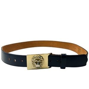 Vintage Navy Genuine English Bridle Leather Belt with Gold Lionhead Pin Buckle